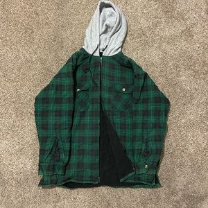 Green hoodie flannel good condition missing buttons on left sleeve.
